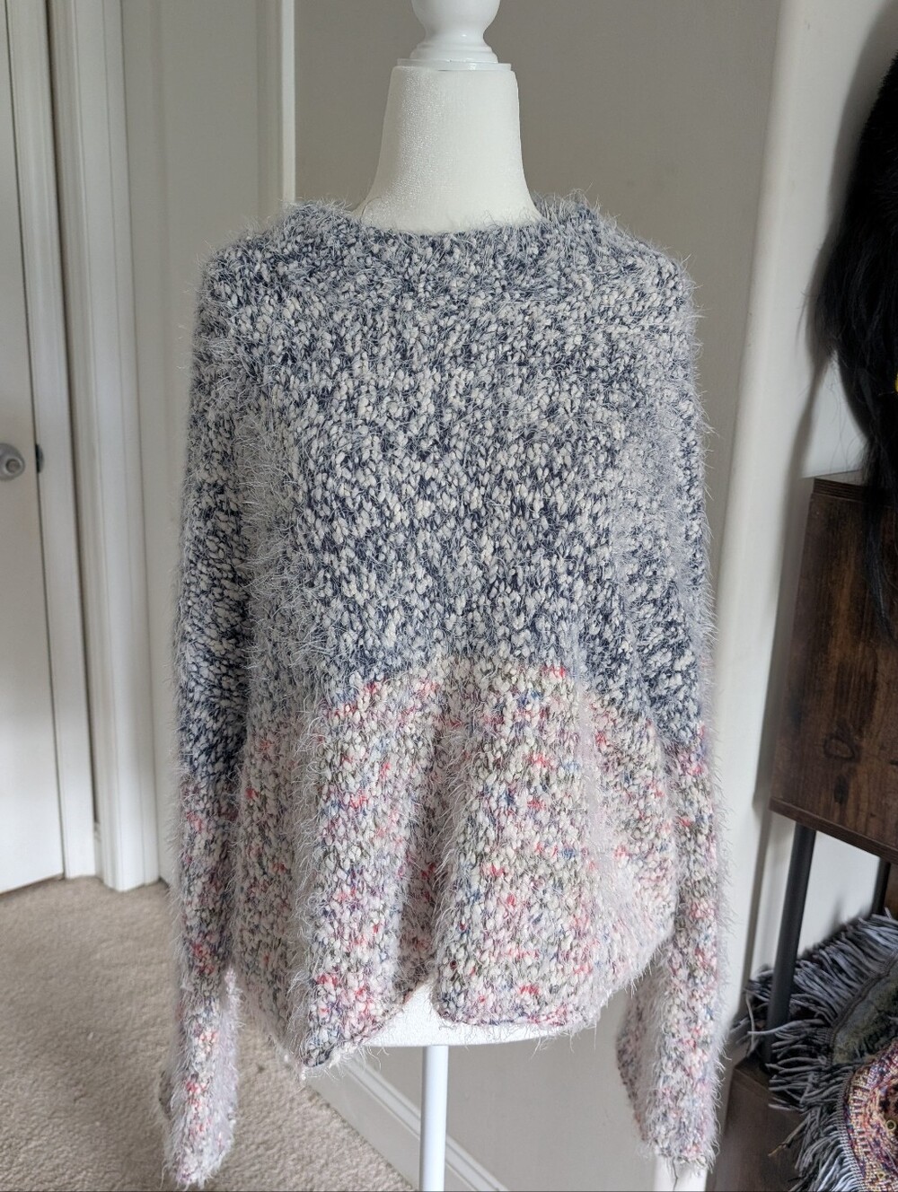 VENUS Two-Tone Fuzzy Knit Crewneck Sweater in Gray and Cream with Pink Speckle